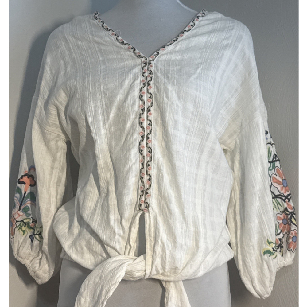 Max Studio Floral Embroidered Tie Front Peasant Blouse Hippie Boho Top Sz Large